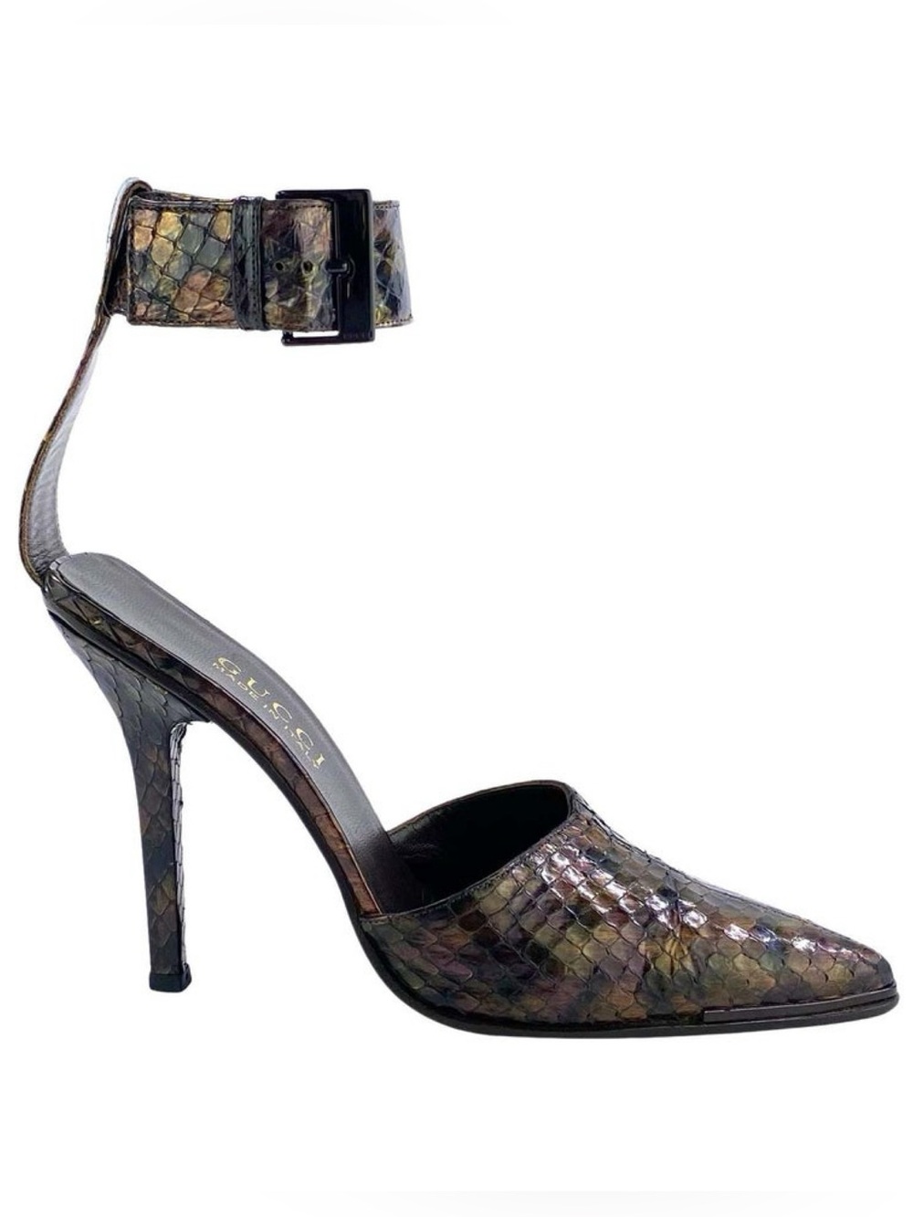 GUCCI TOM FORD SS 1997 Vintage Runway Metallic Python Ankle Cuff Pumps 38